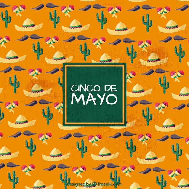 Fondo de cinco de mayo con sombreros mexicanos y cactus 