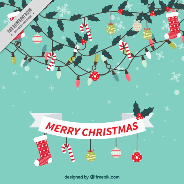 Fondo con cinta de feliz navidad y ornamentos
