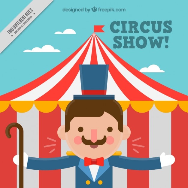 Vector gratuito fondo de circo de simpático hombre de espectáculo con una carpa