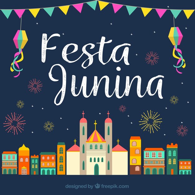 Fondo de ciudad celebrando festa junina en diseño plano