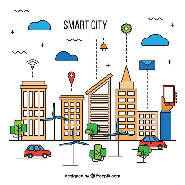 Fondo de ciudad inteligente con rascacielos en estilo lineal