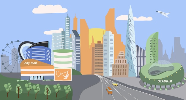 Vector gratuito fondo de la ciudad de megapolis con símbolos de arquitectura urbana ilustración vectorial plana