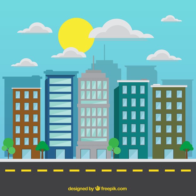 Fondo de ciudad moderna plana en un día soleado