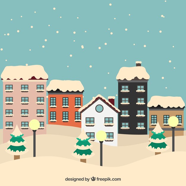 Fondo de ciudad nevada con bonitas casas 