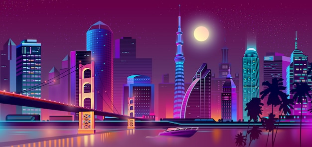 Vector gratuito fondo con ciudad de noche en luces de neón