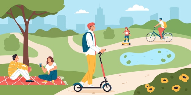 Fondo de la ciudad con personas viajando en transporte ecológico eléctrico ilustración vectorial plana