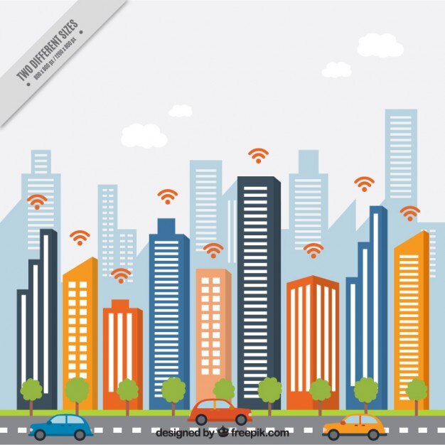 Fondo de ciudad con rascacielos de colores