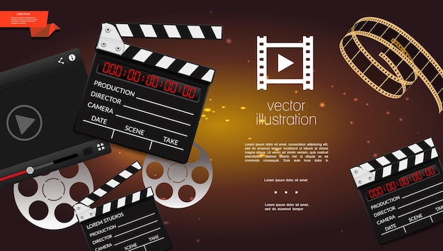 Vector gratuito fondo claro de cine realista con claqueta, tira de película y carretes ilustración