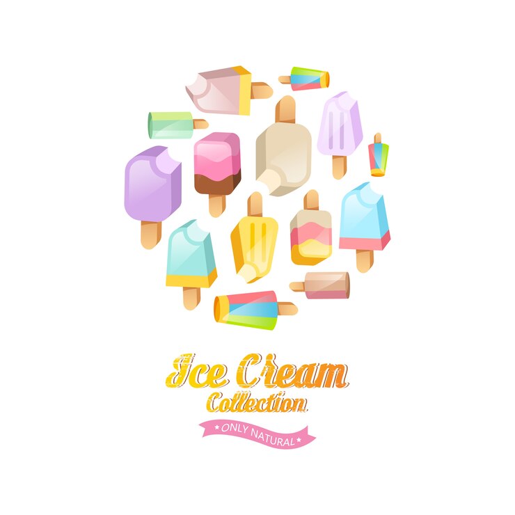 Vector gratuito fondo de colección de helados. varios helados en un palo situado en un círculo.