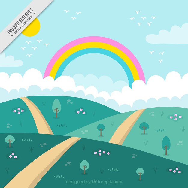 Fondo de colinas con camino y arcoiris 