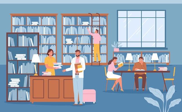 Fondo de color plano de biblioteca con personas leyendo libros en la mesa y buscando literatura en estanterías ilustración vectorial