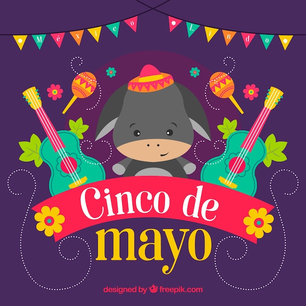 Fondo de colores con burro y guitarras para el cinco de mayo