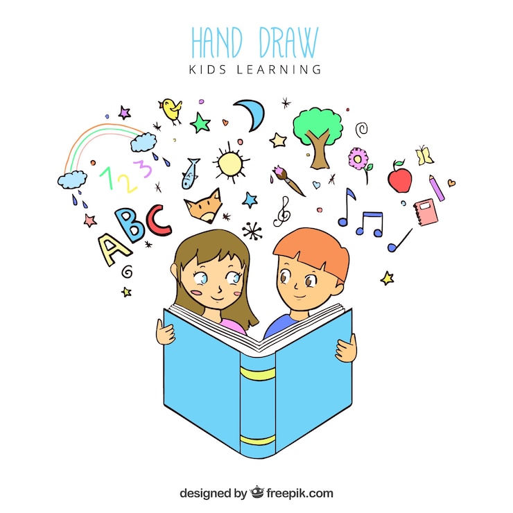 Vector gratuito fondo de colores con niños dibujados a mano aprendiendo