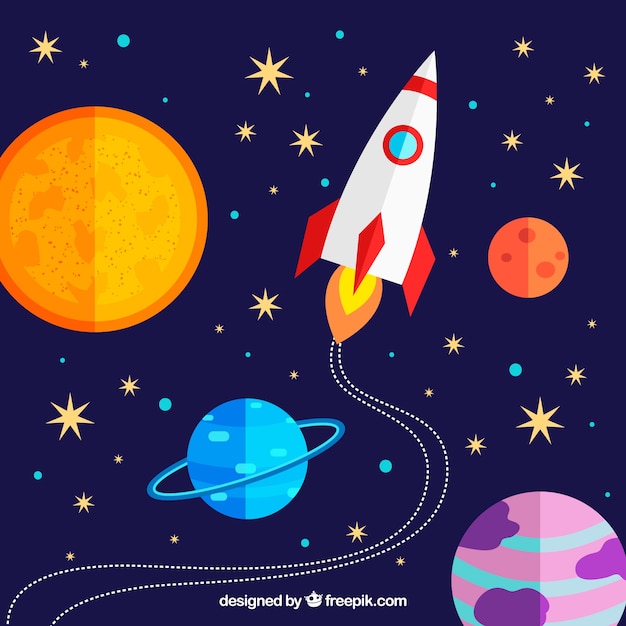 Fondo colorido de cohete y planetas en diseño plano 
