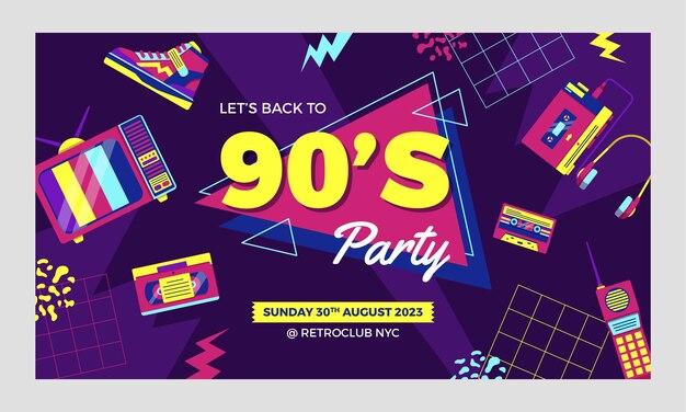 Fondo colorido de contracción de fiesta de los 90 de diseño plano