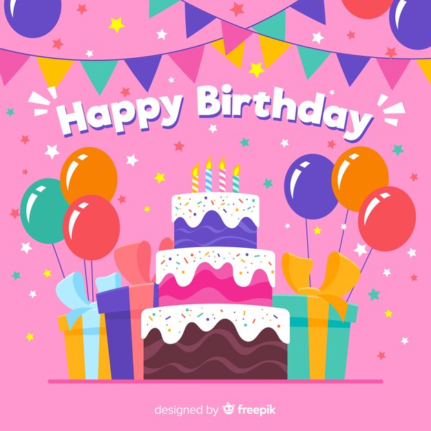 Fondo colorido cumpleaños con regalos y pastel