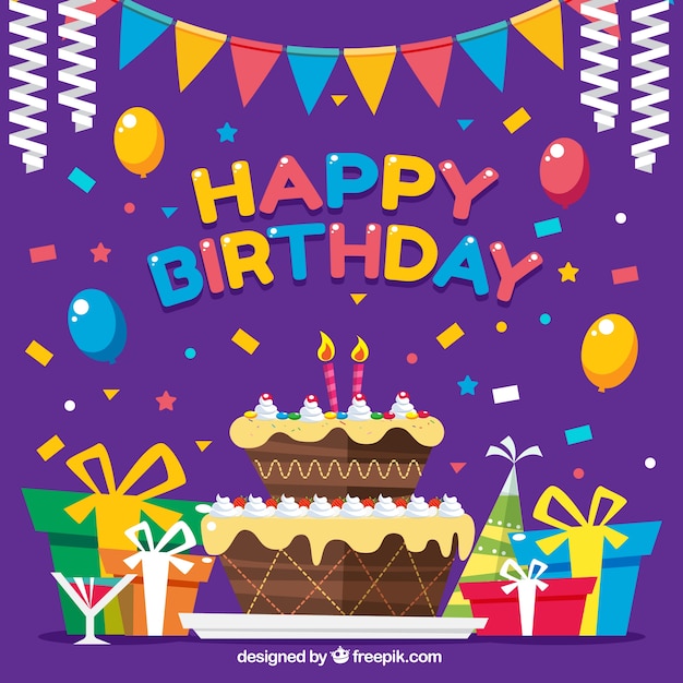Fondo colorido con decoración un pastel de cumpleaños