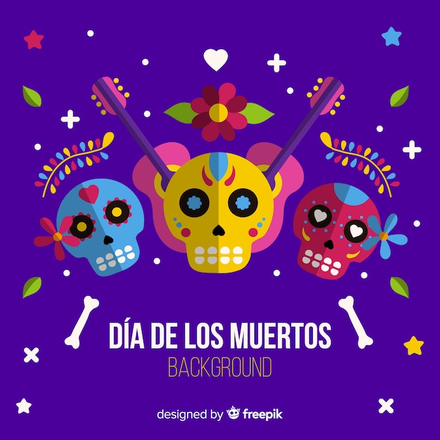 Vector gratuito fondo colorido de día de los muertos con calaveras mexicanas en diseño plano