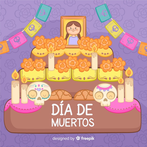 Fondo colorido del día de los muertos dibujado a mano