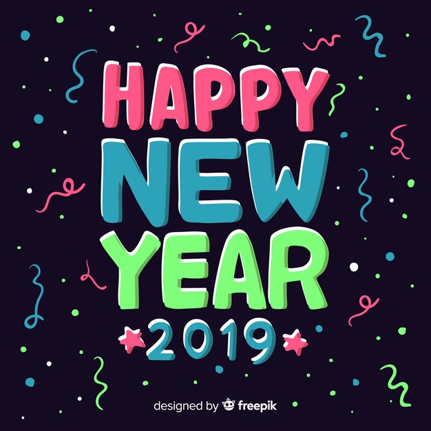 Fondo colorido de feliz año nuevo 2019 con lettering
