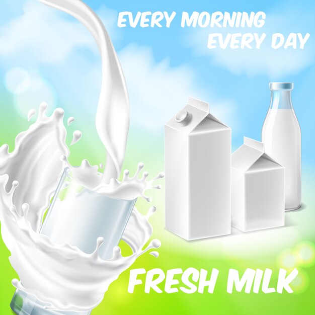 Fondo colorido con leche fresca, verter en vaso y salpicaduras