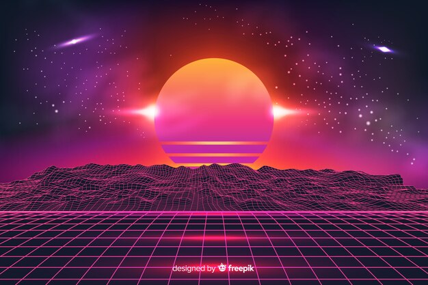 Fondo colorido de paisaje retro futurista 