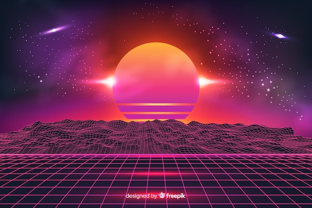 Fondo colorido de paisaje retro futurista 