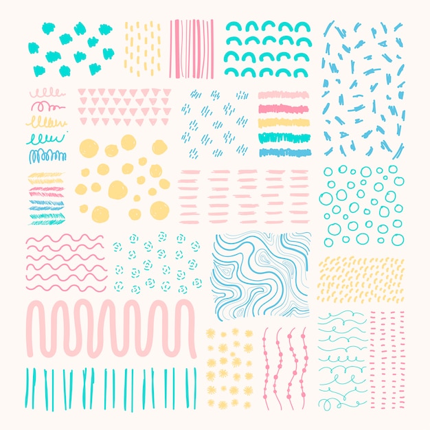 Fondo colorido con pequeñas formas geométricas dibujadas a mano.