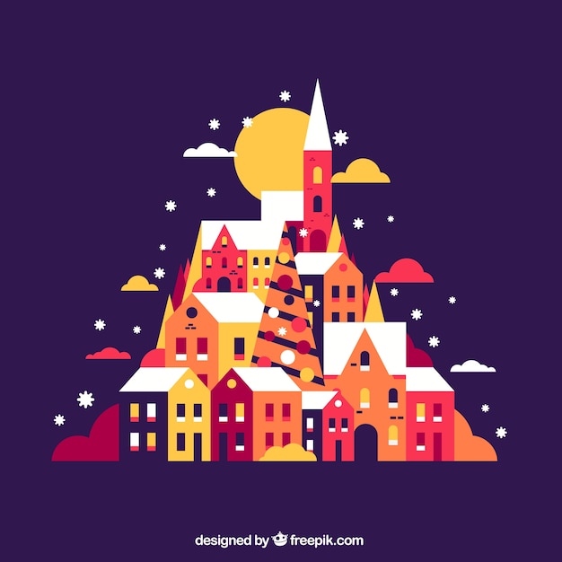 Fondo colorido de pueblo navideño en diseño plano