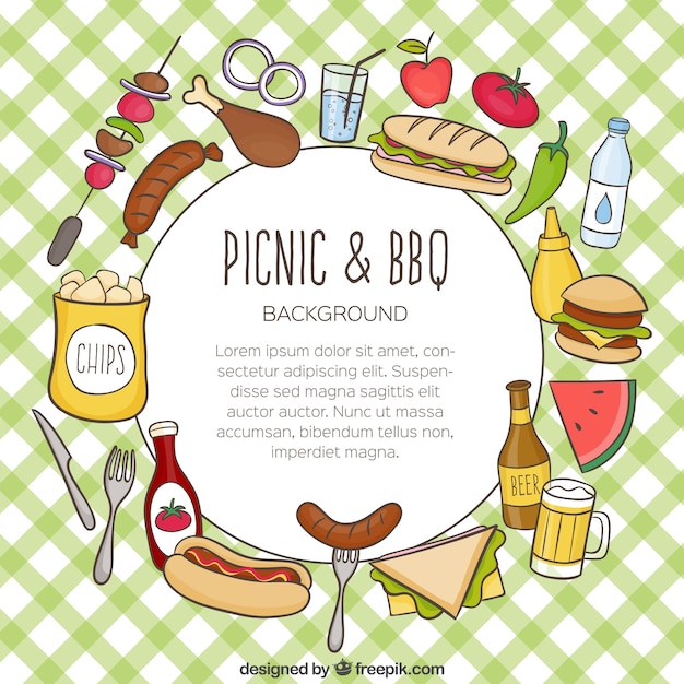 Fondo de comida para picnic y barbacoa dibujada a mano