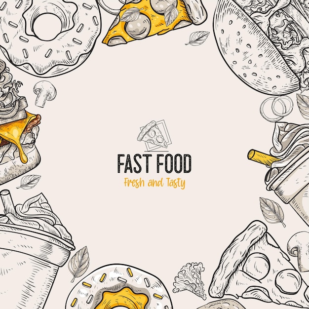 Fondo de comida rápida gráfico lineal colección de refrigerios comida chatarra ilustración de vista superior grabada ilustración vectorial