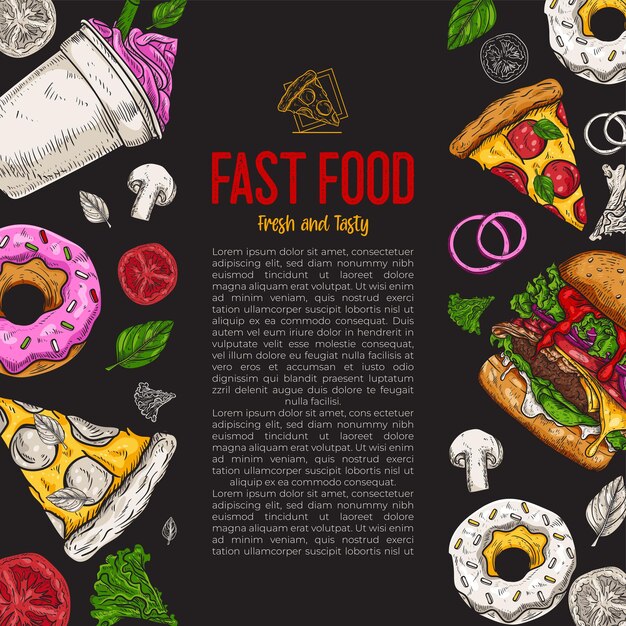 Fondo de comida rápida Gráfico lineal Colección de refrigerios Comida chatarra Ilustración de vista superior grabada Ilustración vectorial