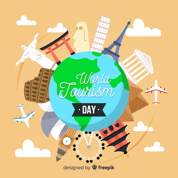 Fondo concepto día mundial del turismo con bola del mundo y monumentos