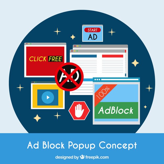 Fondo de concepto popup de bloque de anuncios en estilo plano