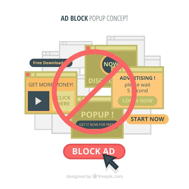 Fondo de concepto popup de bloque de anuncios en estilo plano
