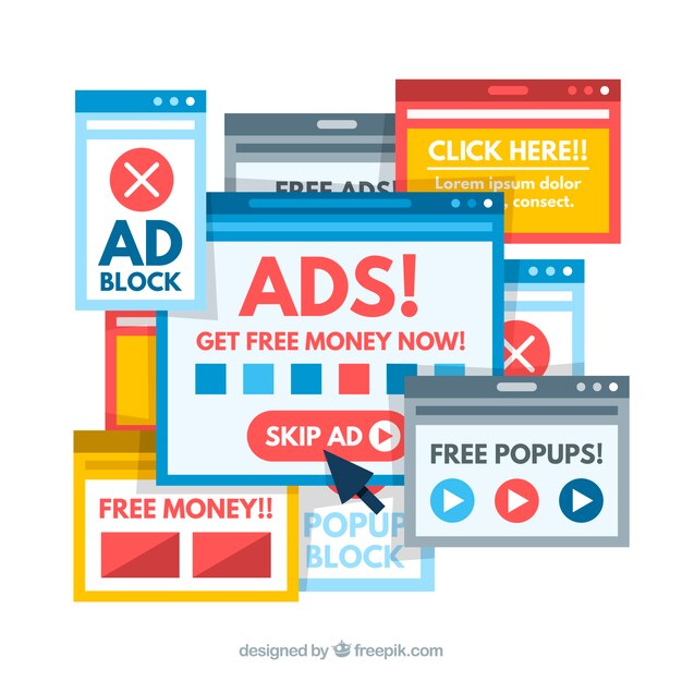 Fondo de concepto popup de bloque de anuncios en estilo plano