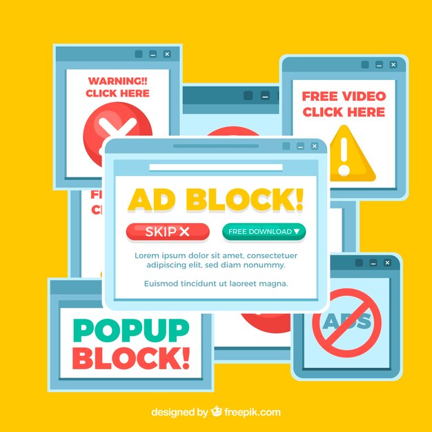 Fondo de concepto popup de bloque de anuncios en estilo plano
