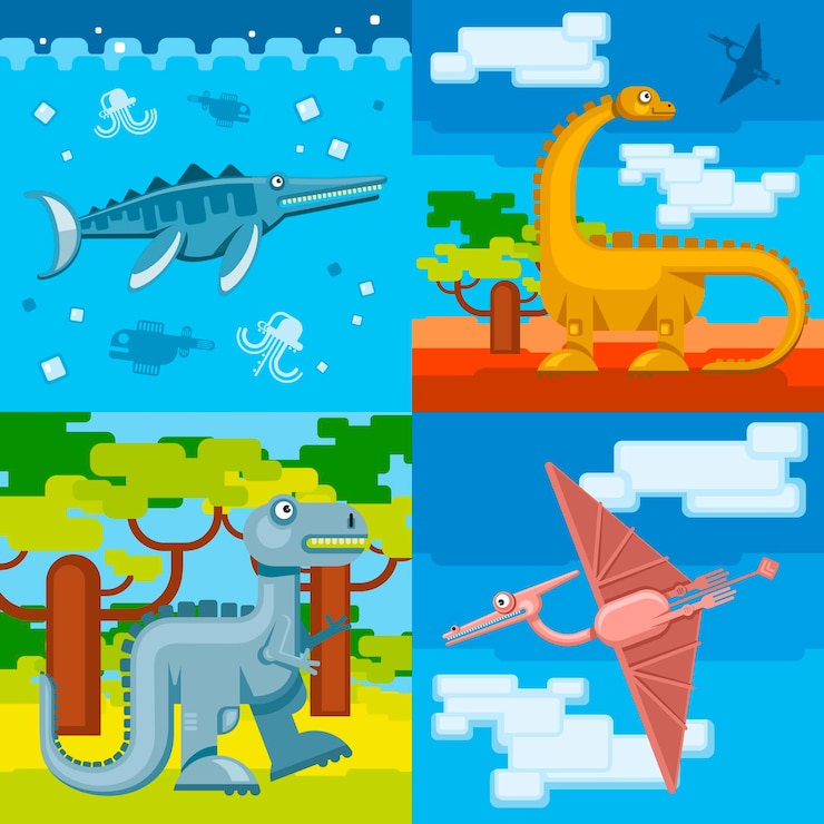 Vector gratuito fondo de concepto prehistórico de dinosaurio establece estilo de diseño plano. animal salvaje, dino jurásico, ilustración vectorial