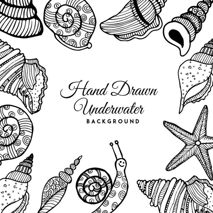 Vector gratuito fondo de conchas subacuáticas dibujadas a mano blanco y negro