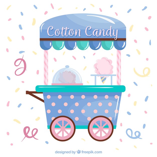 Fondo de confeti con carrito de algodón de azúcar 