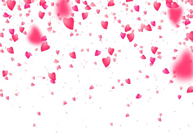 Fondo de confeti de corazón. Cayendo desde arriba partículas de amor rosa. Pétalo borroso.