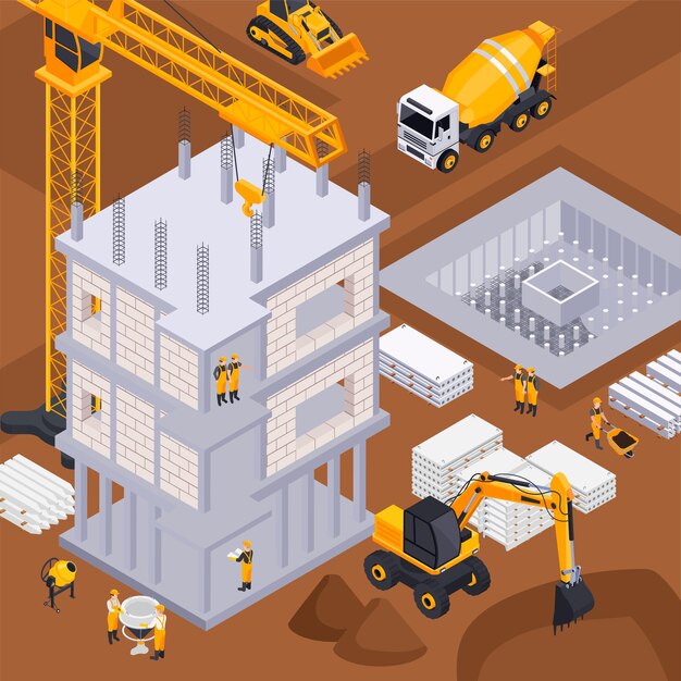 Fondo de construcción con máquinas de construcción y símbolos de equipos ilustración isométrica