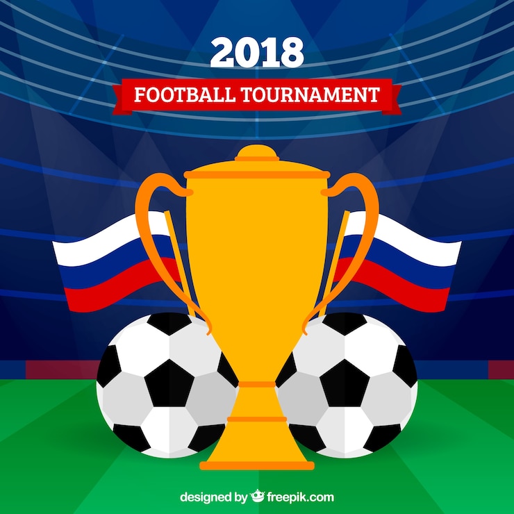 Vector gratuito fondo de copa mundial de fútbol con trofeo en el campo