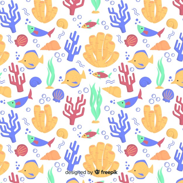 Fondo coral con animales marinos dibujado a mano