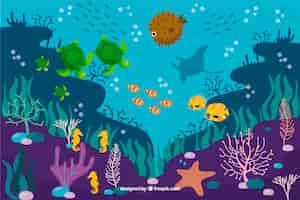 Vector gratuito fondo de coral plano con peces y estrellas de mar