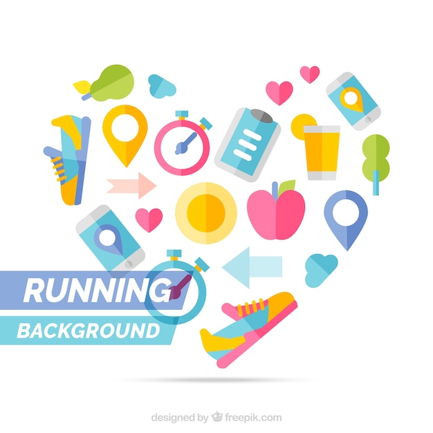 Vector gratuito fondo de corazón con elementos para correr en diseño plano