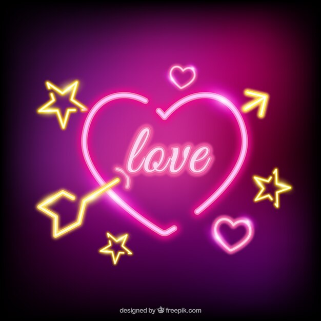 Fondo de corazón de neón con una flecha 