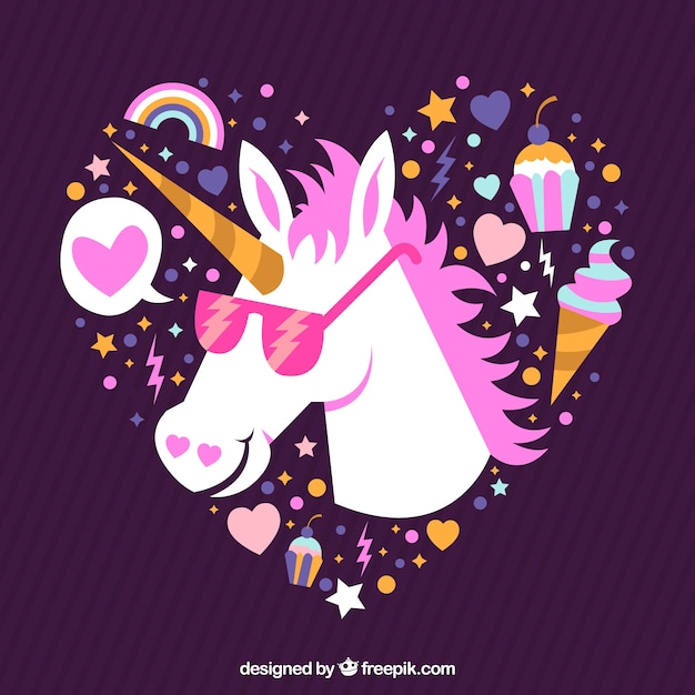 Vector gratuito fondo de corazón  y unicornio con gafas de sol