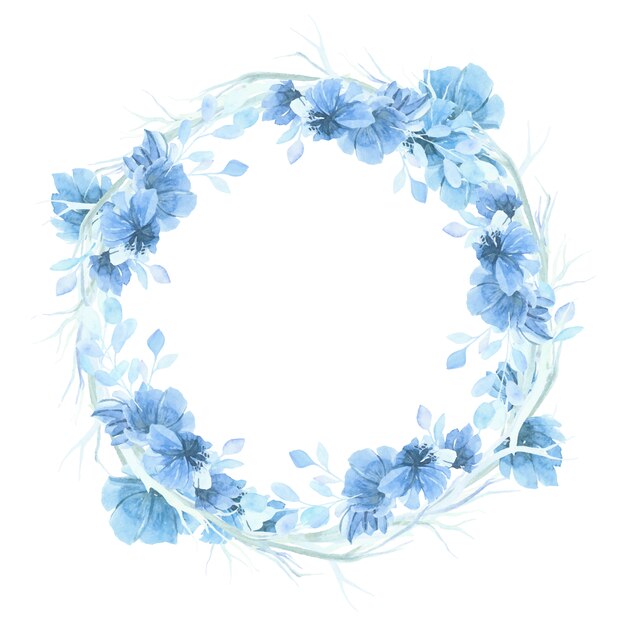 Fondo de corona de flores en acuarela azul