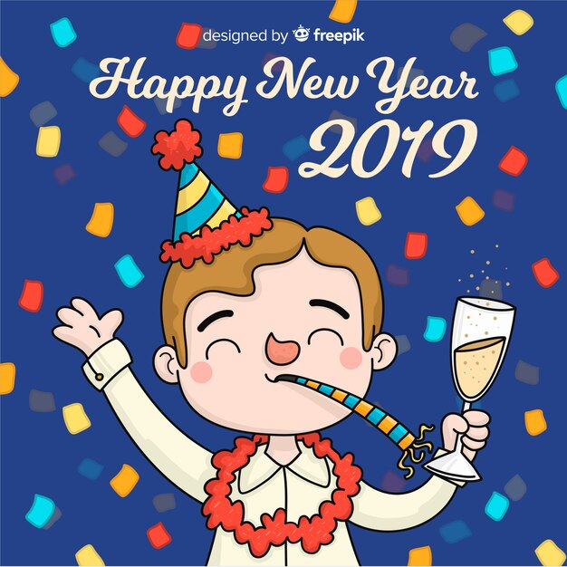 Fondo creativo de año nuevo 2019 dibujado a mano